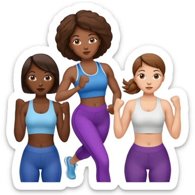three women friends exercising together, one black woman with brown hair, two white women with brown hair sticker