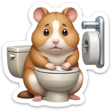 Cute chubby cartoon-style hamster sitting on toilet pooping looking guilty sticker