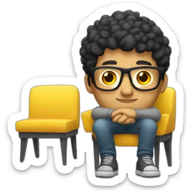 White man with yellow tinted glasses and black hair in a gray jumper and sitting on a chair sticker