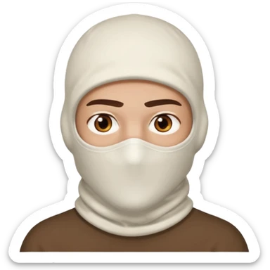 head of a guy with brown eyes wearing a white balaclava without a mouth, with a serious expression sticker