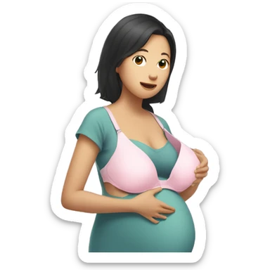 Pregnant Asian woman holds a bra in her hands sticker