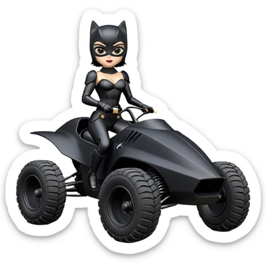 Rc toy with aerodynamic sexy fenders on Catwoman’s buxom attractive armored midnight-colored tight outfit from tv series style dark knight movie stealthy accurate sporty safe deluxe off-road fast pursuit prototype concept car (black hair, sitting back but driving aggressively) secret rally vehicle  sticker