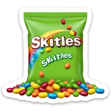A colorful Skittles candy pack with green candies spilling out. Minimalist design with bright rainbow colors on the package and only green Skittles candies. sticker