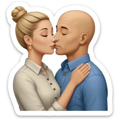 Mid aged Hispanic bald man kissing mid aged dark blonde white woman. She’s wearing a bun. He’s wearing a button down shirt. sticker