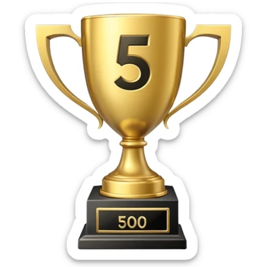 Golden trophy with "500" engraved, YouTube play button, minimal, white background sticker