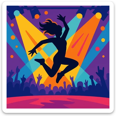 silhouette of a dancer jumping at a concert, bright stage lights, energetic vibe sticker