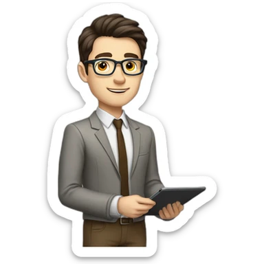 Pale skinned fit man with dark brown hair in gray jacket, beige office shirt, brown tie, brown pants and vintage glasses Writing on the tablet sticker