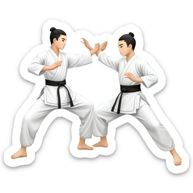 Two martial artists in traditional Wushu attire, performing elegant, fluid moves. The background shows a peaceful, scenic landscape with mountains and bamboo trees, symbolizing the balance of power and grace in Wushu.  sticker
