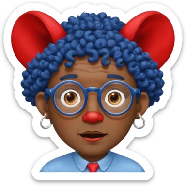 dark blue haired man curly hair with big ears and red earrings and spectacles surprised and hat wearing sticker