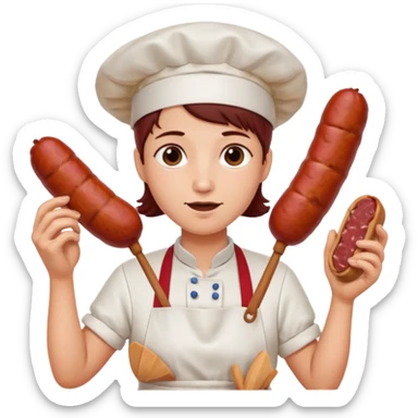 Charcutera con un chorizo y embutido en la mano con una redecilla en el pelo y delantal blanco y añade mucha carne alrededor sticker