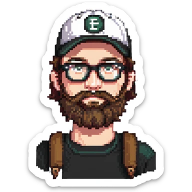 adventurer with beard, glasses and backwards baseball cap sticker
