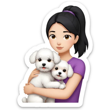 A girl with straight hair in a ponytail，hugging one Bichon frise sticker
