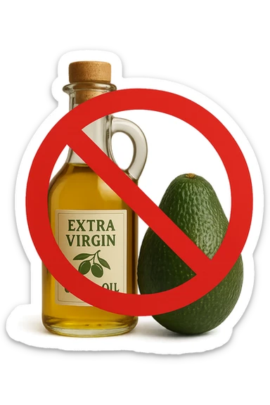 BOTTIGLIA DI OLIO EVO E AVOCADO CON DIVIETO SOPRA,  iperrealistico 4k sticker