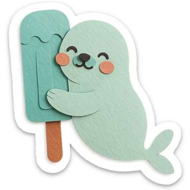 tiny refrigerator seal hugging a popsicle, blushing, soft mint tones, full-body sticker