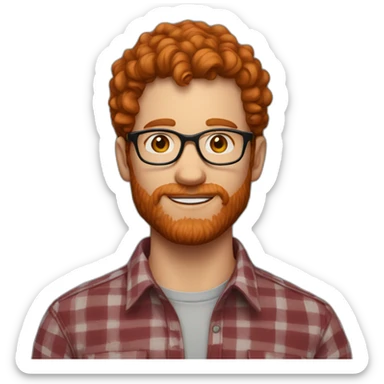 man. around 25. redhead. short curly hair. with beard and glasses. scarlet checked shirt sticker