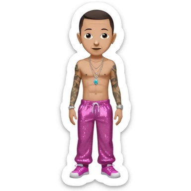 Chester Bennington with dark brown hair, dark pink sequin baggy pants, shirtless with necklace sticker