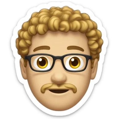 young white guy with curly dark hair round face and goatee beard nerd tshirt  sticker