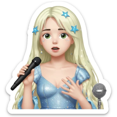 billie eilish is singing, holding mirco and twinkle dresss, white long hair, thin  sticker