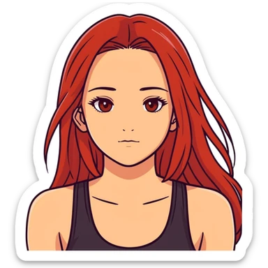 a girl with red long straight hair, brown eyes, long eyelashes, and a black tank top sticker
