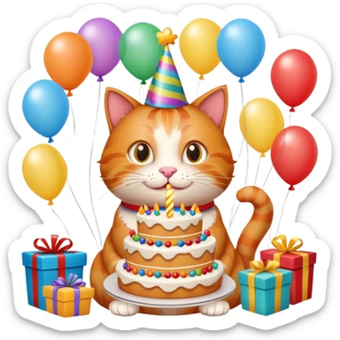 Ginger cat celebrates birthday, birthday hat, birthday cake, balloons, happy, gifts sticker