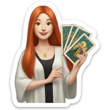 redhead white woman medium long straight hair, celebrating graduation with tarot cards sticker
