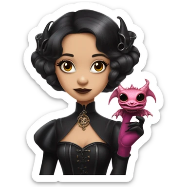 flirty Lavish black evening gown with see-through gloves, Jenna Ortega as Addams woman wearing a steampunk mini tiara, very large blood pink evil-looking horned old dragon sticker