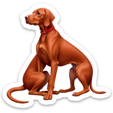 cinematic-[Vizsla-realistic-full-body-sitting-emoji,-tail-resting-loosely-beside-its-paws,-head-tilted-dramatically, -sleek-[red]-fur,-simplified-yet-realistic-focused-features,-highly-detailed,-glowing-with-an-almost-sarcastic-glow sticker