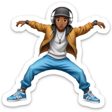 Icon for Street Dance: a dancer in urban streetwear performing a dynamic lower breakdance move, with a spray-painted background, headphones, and a boombox on the asphalt. The icon should capture the energy, style, and creativity of street dance culture. Transparent background. sticker