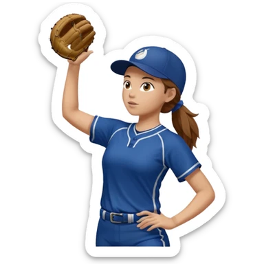 Softball pitcher pitching the ball from side view with brown hair and dark blue jersey and no hat sticker