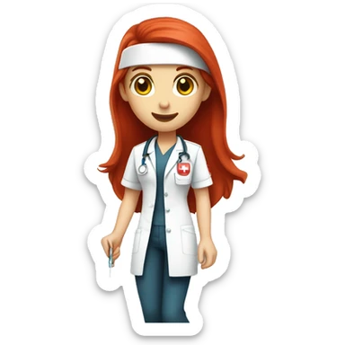 nurse with bright long straight red hair, with amber eyes, shes wearing a nursing uniform that is white with a little red logo of UL...shes holding a needle sticker