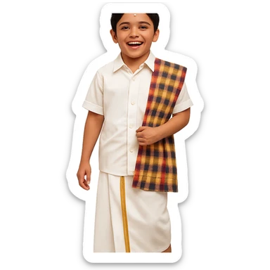 A Tamil boy in traditional attire: white dhoti, shirt, and a checked angavastram, barefoot, with a joyful expression, ready for a cultural celebration. sticker