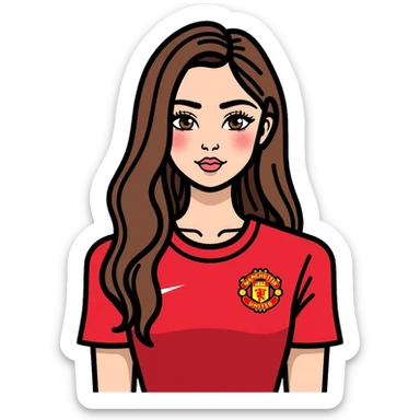 Cute girl with long straight brown hair, brown eyes with mascara, makeup, wearing a Manchester United red football kit sticker