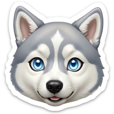 Cinematic Cute Siberian Husky Portrait Emoji, Head tilted playfully and inquisitively, featuring a lush grey and white coat with striking accents, round, sparkling icy blue eyes filled with curiosity, Simplified yet irresistibly adorable features, highly detailed, glowing with a crisp, friendly glow, high shine, affectionate and lively, stylized with a touch of whimsy, bright and endearing, soft glowing outline, capturing the essence of a mischievous yet loving pup, so playful it feels like it could dash out of the screen and into your arms! sticker