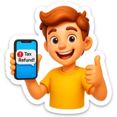 cheerful cartoon teenager holding a phone with 'Tax Refund!' notification, vibrant colors, 3D emoji style, transparent background sticker