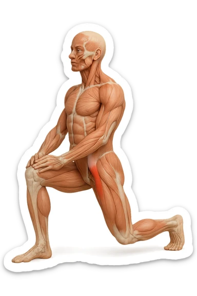 corpo umano anatomico realistico che fa stretching allungando il muscolo PSOAS, isolato su sfondo bianco sticker