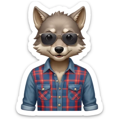head and shoulders friendly anthropomorphised wolf in plaid shirt and jeans, wearing dark sunglasses, upright pose sticker