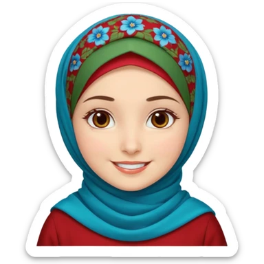 Turkish beautiful finish Konya girl brown eyes white skin with red blue green flowers hijab and brown islamic dress and smiles sticker