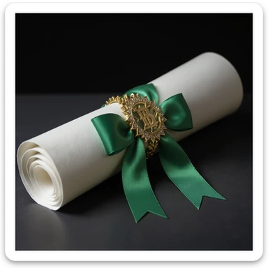 rolled up diploma, professional style, green gold and white color scheme, bold and clear, suitable for digital use sticker