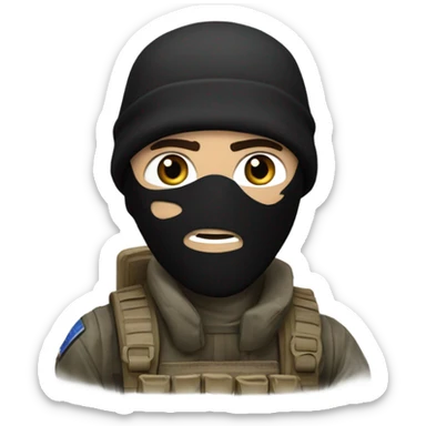 White male, call of duty black mask, camo tactical gear, tan combat boots, black beanie, blue eyes sticker