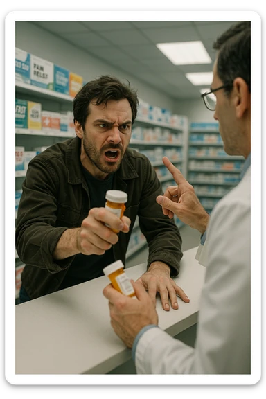 Cinematic Frustrated man at pharmacy counter demanding immediate pain relief medication, expression of impatience wanting instant symptom elimination, ignoring pharmacist's questions about underlying causes, grabbing prescription bottle eagerly, symptom suppression taking priority over healing, modern medicine aisle promising quick fixes for complex health problems" in italiano sticker