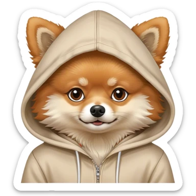 The orange and white Pomeranian wears a hoodie sticker