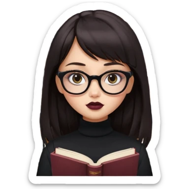 generate a pretty bratz girl with black small square spectacles, dark lipstick, black turtleneck , books in hand, dark brown straight long hair with bangs, eyeliner on,  sticker