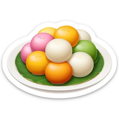 Shanghai Tangyuan sticky rice balls with colorful fillings in syrup, simplified emoji style with bold outlines and bright colors, cartoon style sweet Chinese dessert sticker