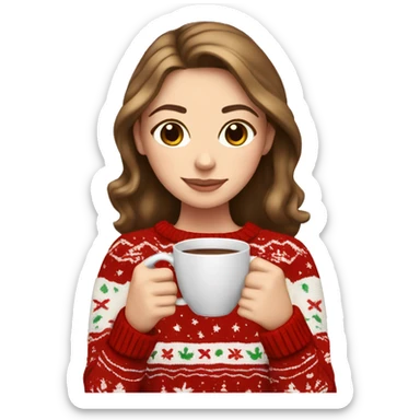 White girl with brown hair drinking coffee in a Christmas sweater sticker