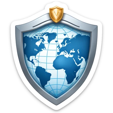 A secure VPN logo with shield, network connections and a globe sticker
