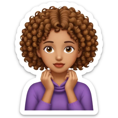 A brown girl with curly hair holding her neck with both hands. sticker