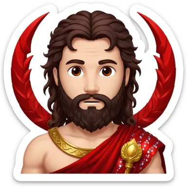 Mars, God of War from Roman Deities with long dark brown wavy hair and beard, deep red sequin toga sticker