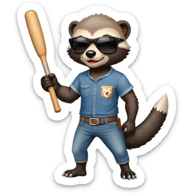 mischievous anthropomorphised honey badger in jeans and a t-shirt, wearing sunglasses, holding a baseball bat sticker