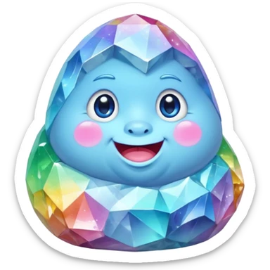 A single pastel rainbow crystal baby rock character, chubby and heavy with a chunky, irregular polygon shape, not egg-shaped, covered in faceted crystal planes and small chips, soft blue face carved into the rock, big glossy rainbow eyes and a small smiling mout sticker