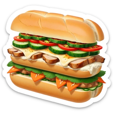 make it cute, chibitraditional banh mi with char grilled pork


    Very crusty baguette

    Mayo 

    Pickled carrot 

    Cucumber, coriander/cilantro, green onion, chilli 
 sticker